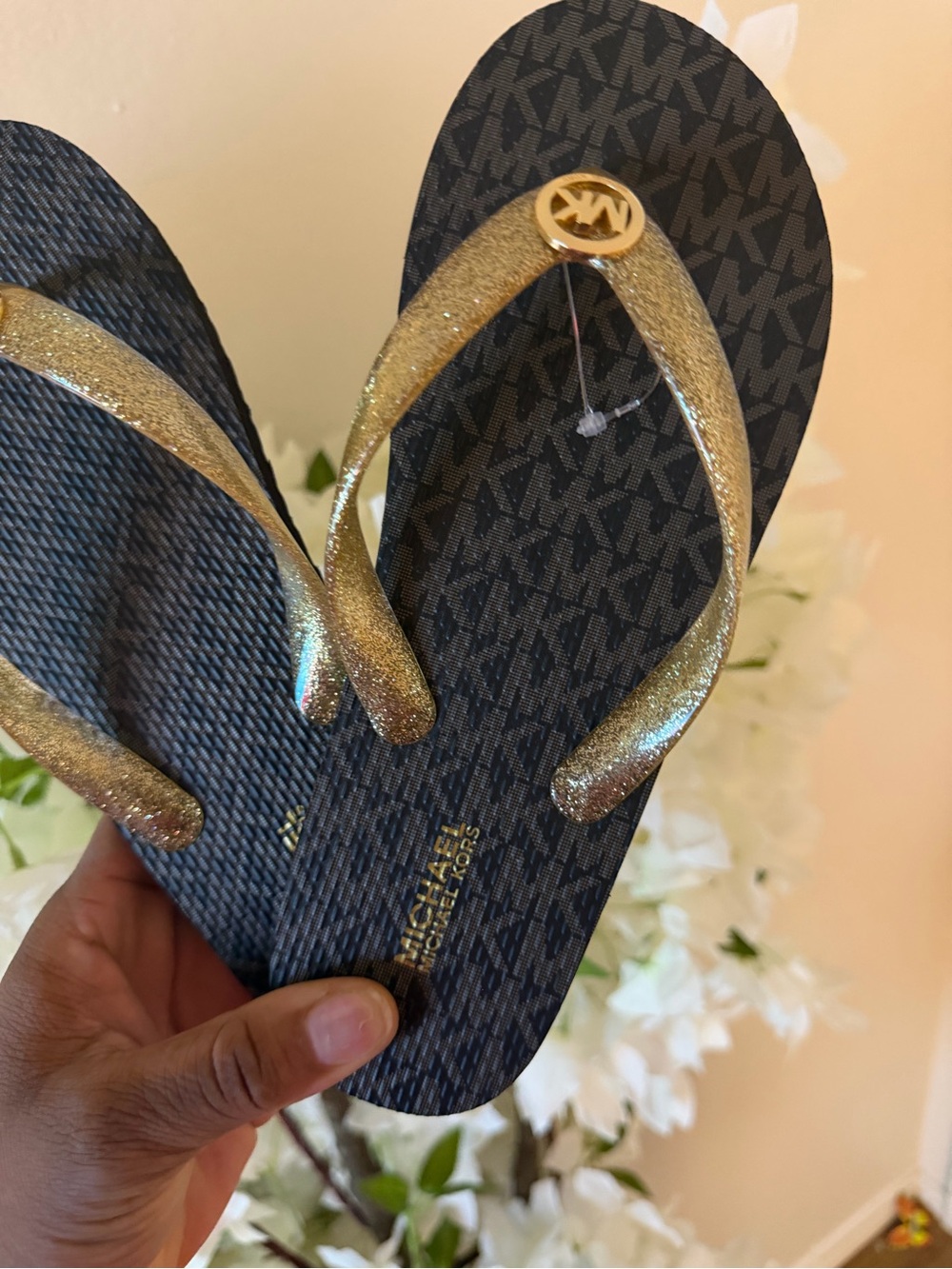 Michael Kors Black Footbed Flip Flops with Gold Glitter Straps